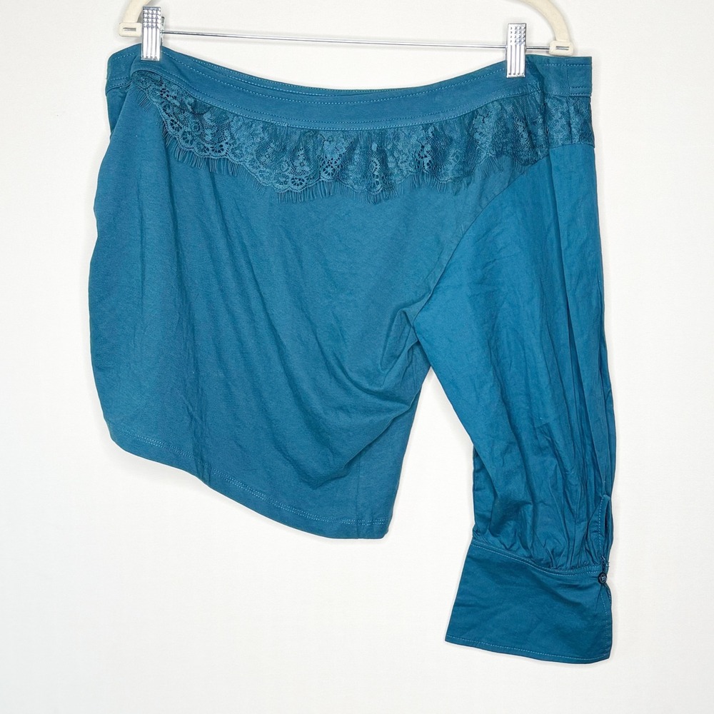 Anthropologie One Shoulder Lace Trim Crop Top Teal Blue Size XL Cotton NWT - Picture 6 of 10